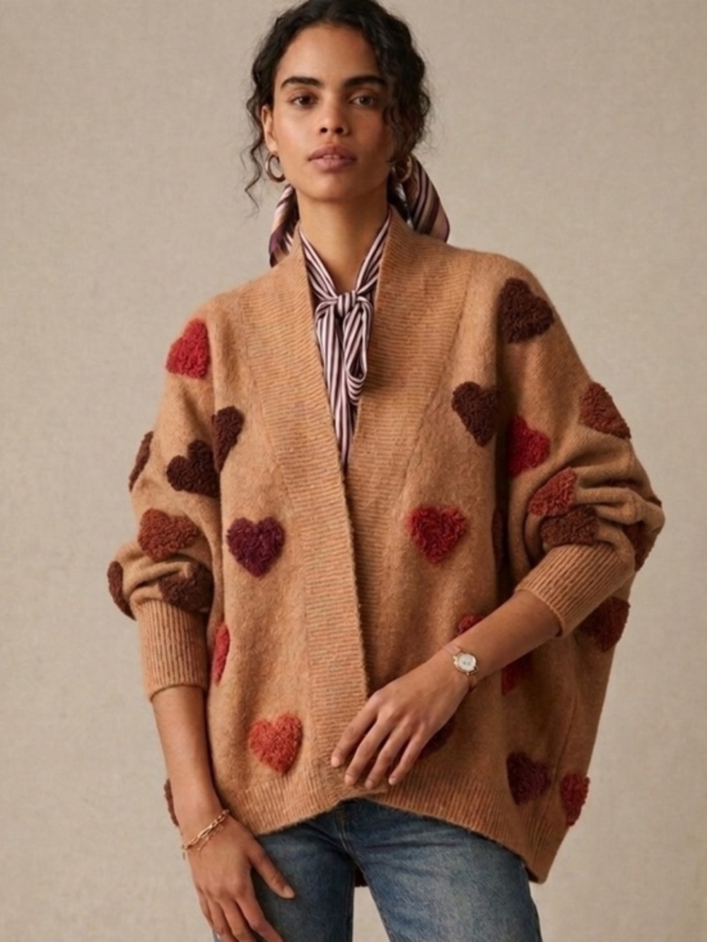 Anthropologie Heart Cardigan Sweater Boucle knit Kimono ombré